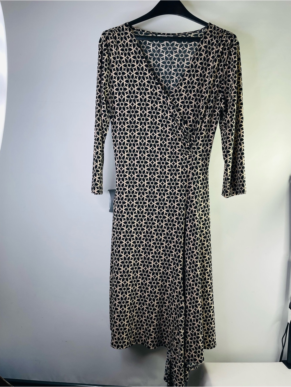 Enfocus Studio Black & Cream Geometric Wrap Midi Dress